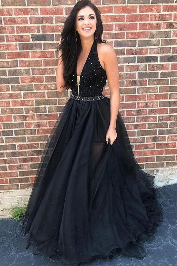 Delicate Black V Neck Backless Tulle Ball Gown Prom Dresses