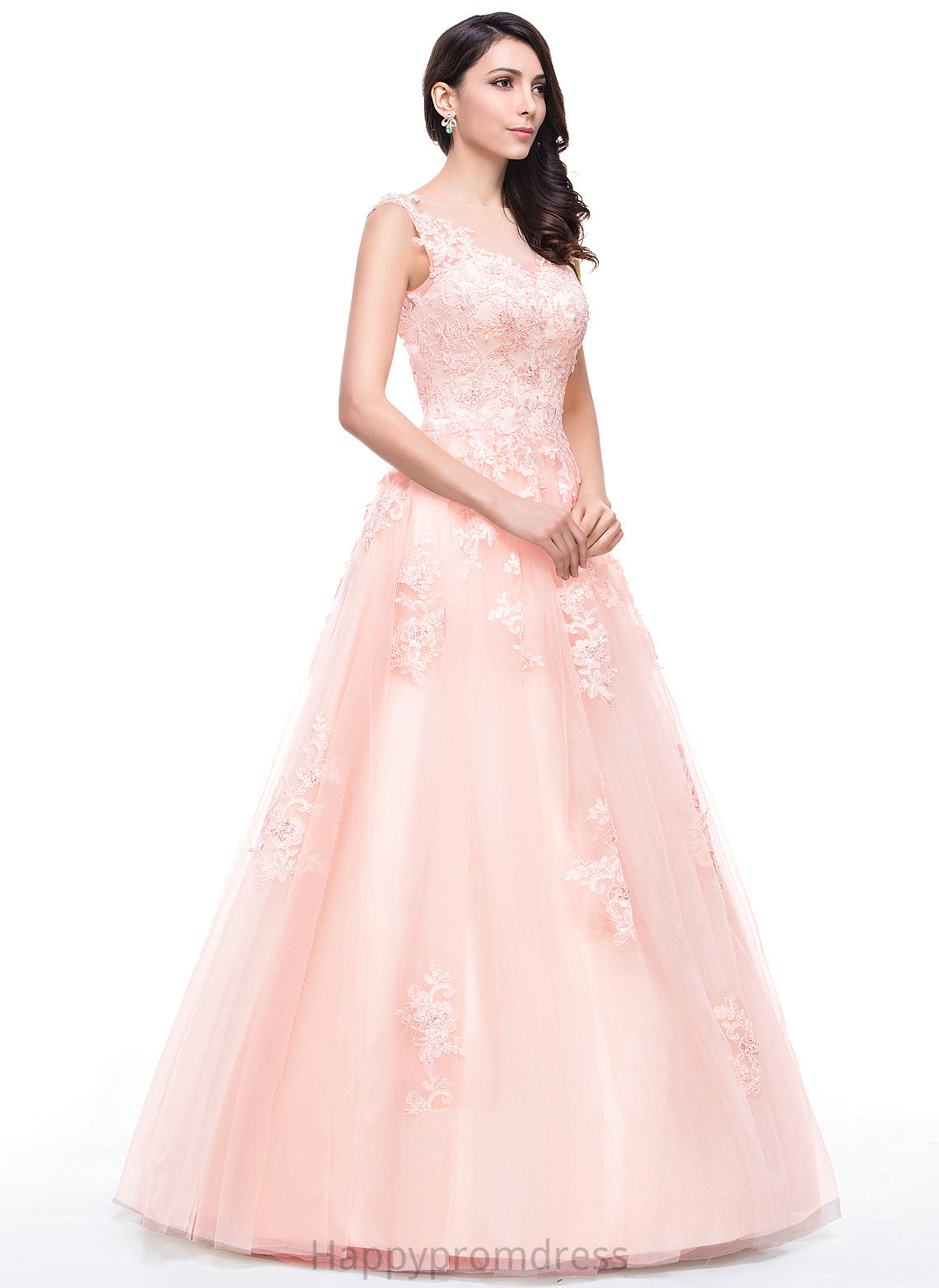 Appliques Scoop Ball-Gown/Princess With Sequins Prom Dresses Winnie Lace Tulle Neck Beading Floor-Length