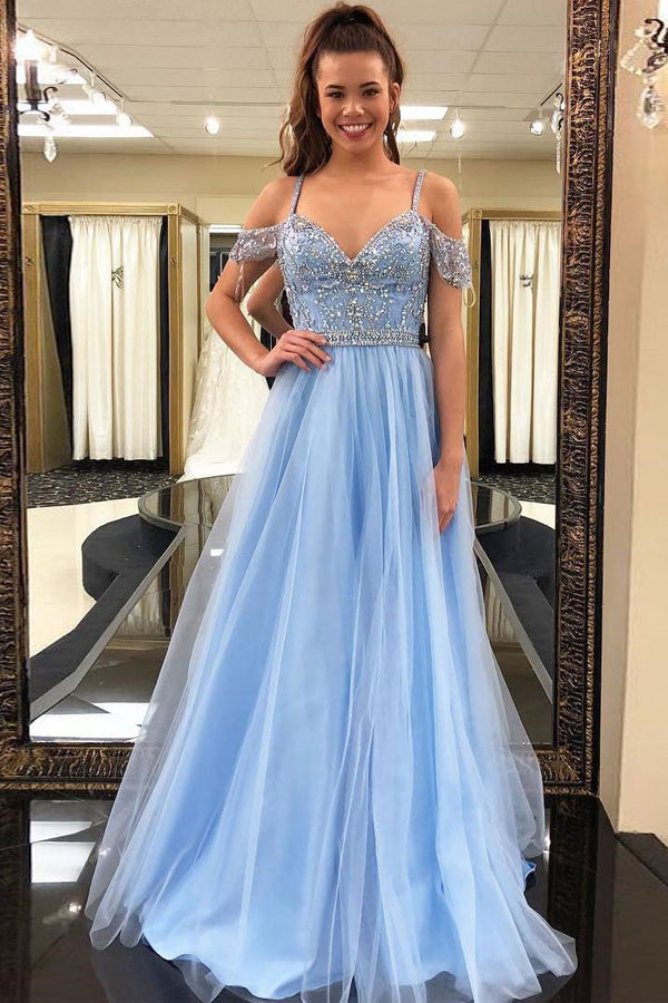 Light Blue A Line Brush Train Sweetheart Spaghetti Beading Tulle Prom Dresses