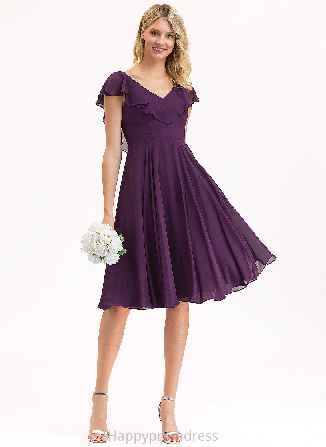 Chiffon With A-Line Mariah Ruffles Cocktail Cascading Knee-Length V-neck Dress Cocktail Dresses