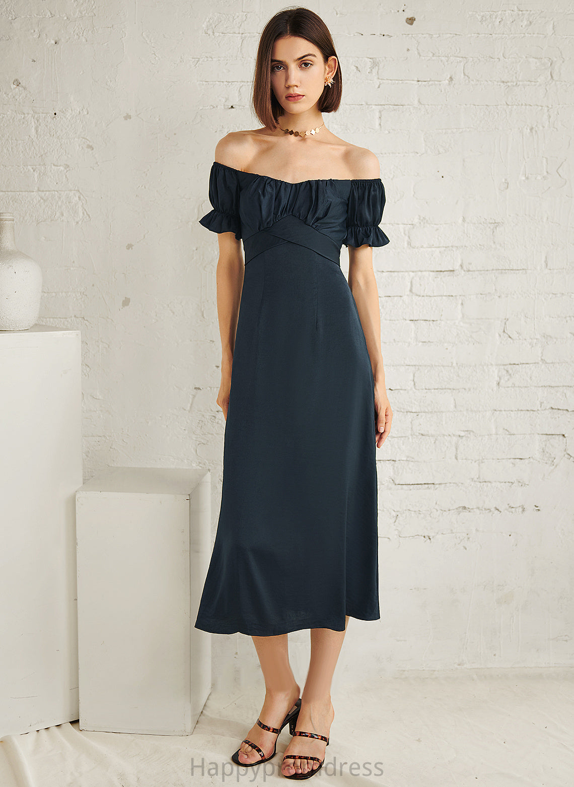 Blends Tea-Length Hayley Off-the-Shoulder Cocktail Cotton Cocktail Dresses A-Line Dress