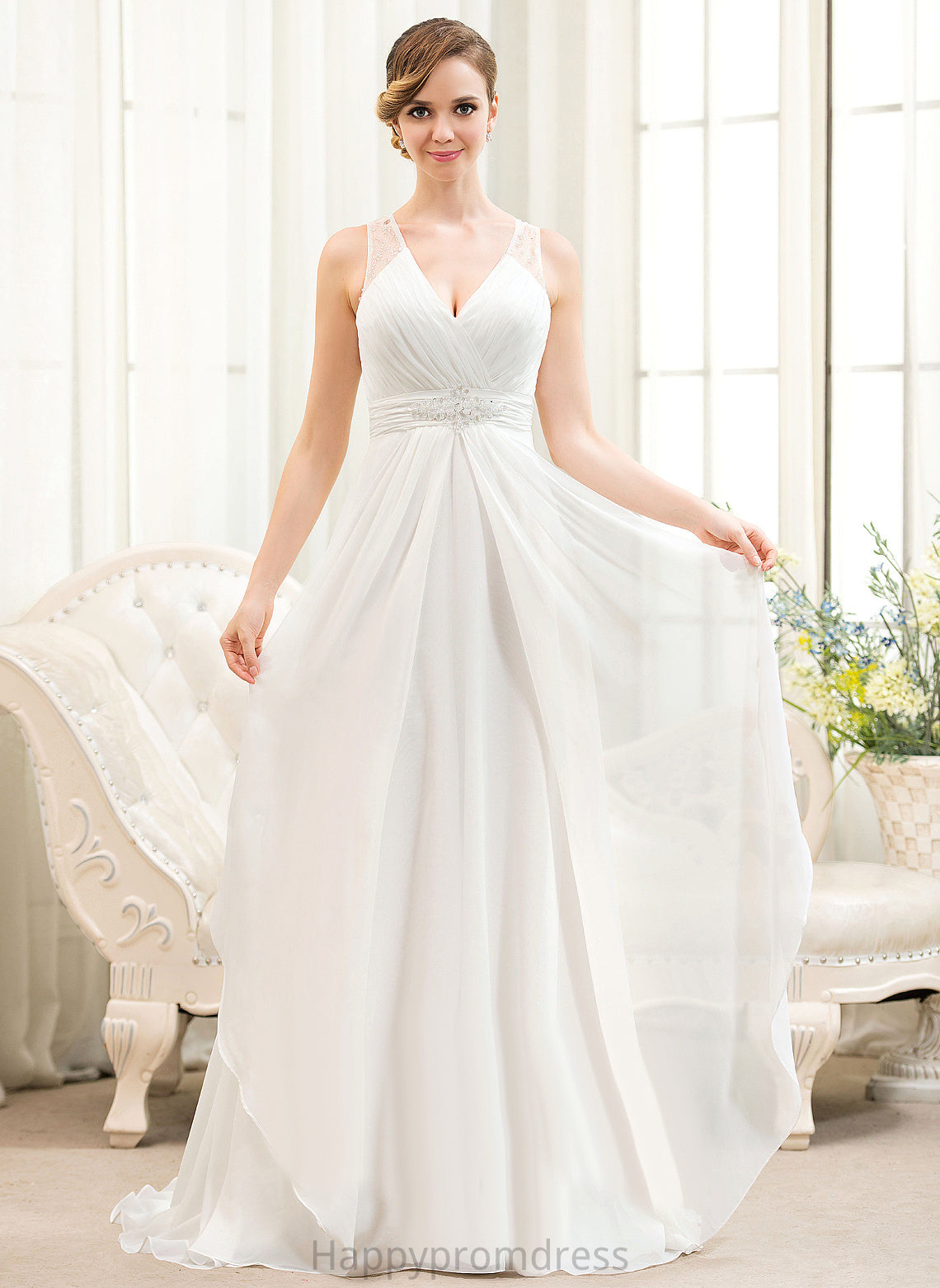 Train Sweep Wedding Dresses A-Line Ruffles Dress Beading Sequins Avah Chiffon V-neck Wedding With Tulle Cascading