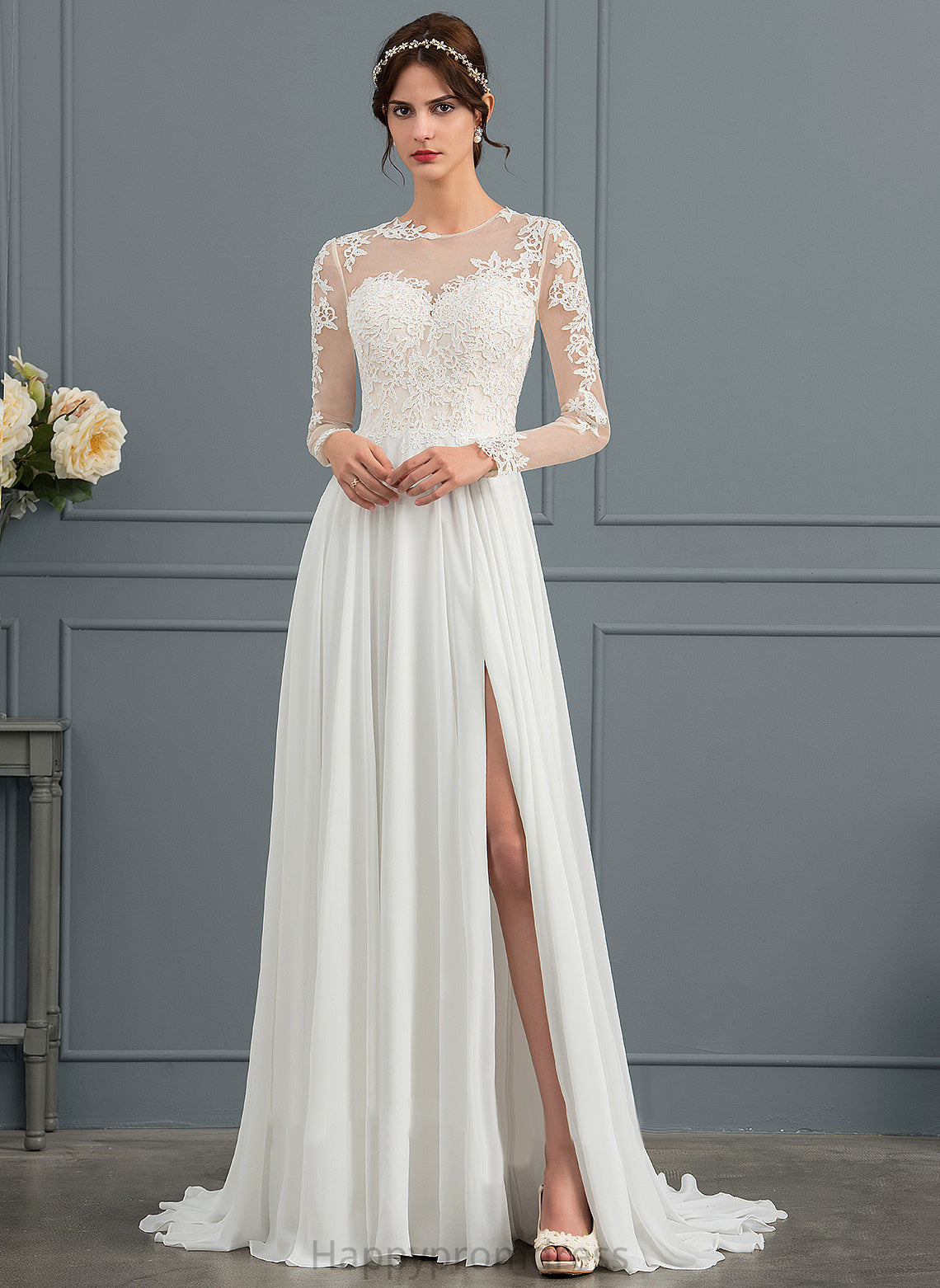 Janiah With Tulle Train Split Illusion Appliques Wedding Sweep Dress Lace Front A-Line Wedding Dresses Chiffon