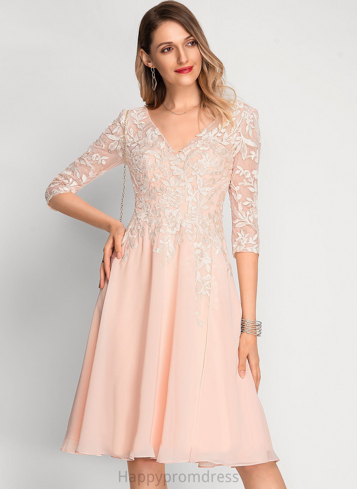 Dress V-neck Paola Chiffon Lace Knee-Length Cocktail Dresses Cocktail Sequins A-Line With