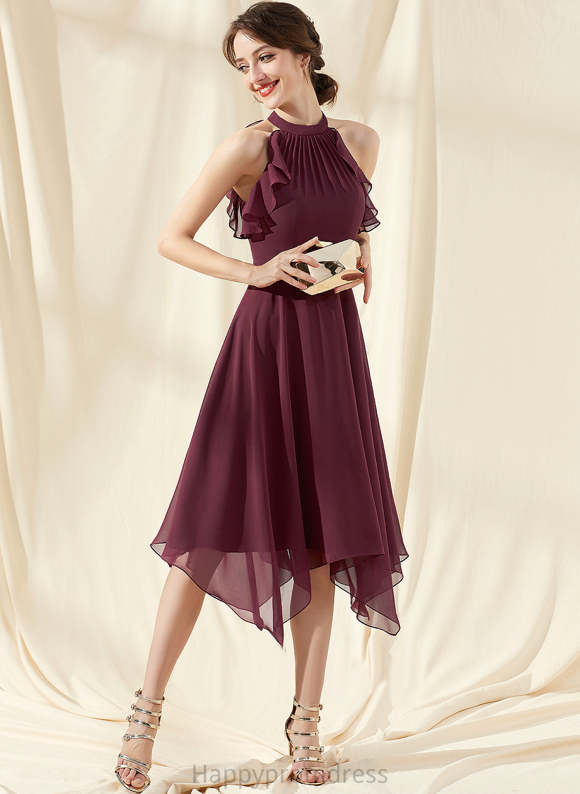 Scoop Cocktail With Chiffon Dress Neck Ruffles A-Line Payten Tea-Length Cascading Cocktail Dresses