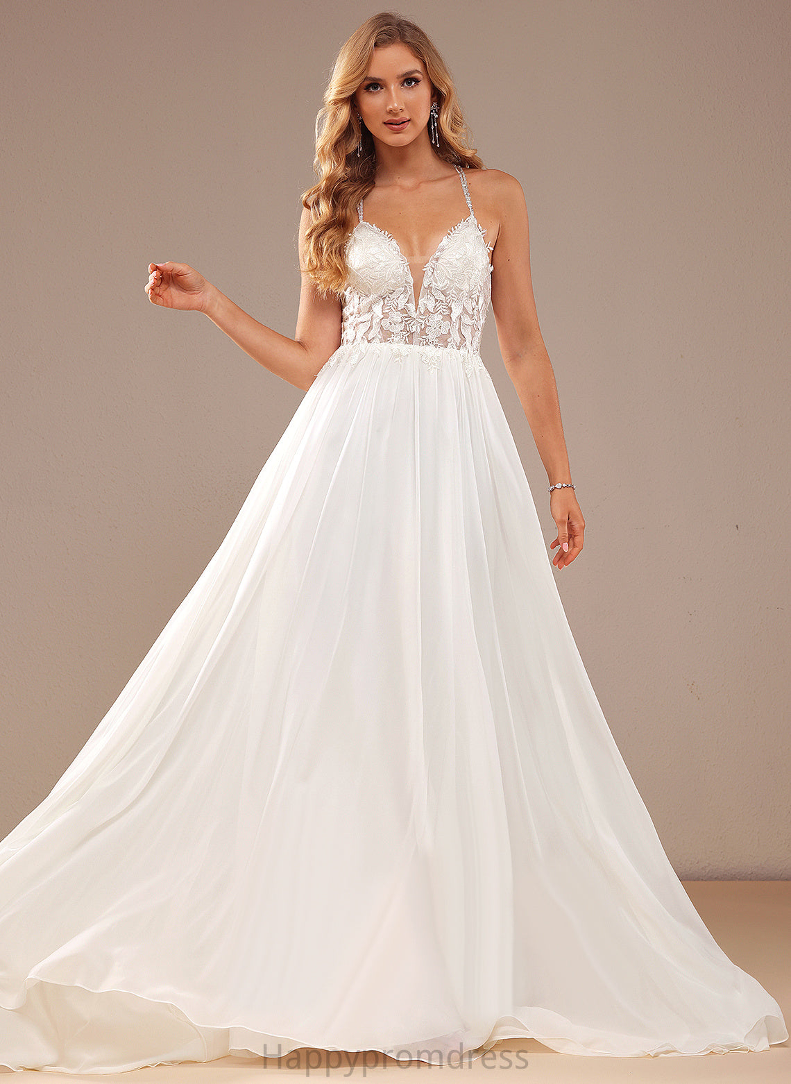 Wedding Dresses Sequins V-neck Wedding Lace With Train Chiffon Dress Beading Maeve Sweep A-Line