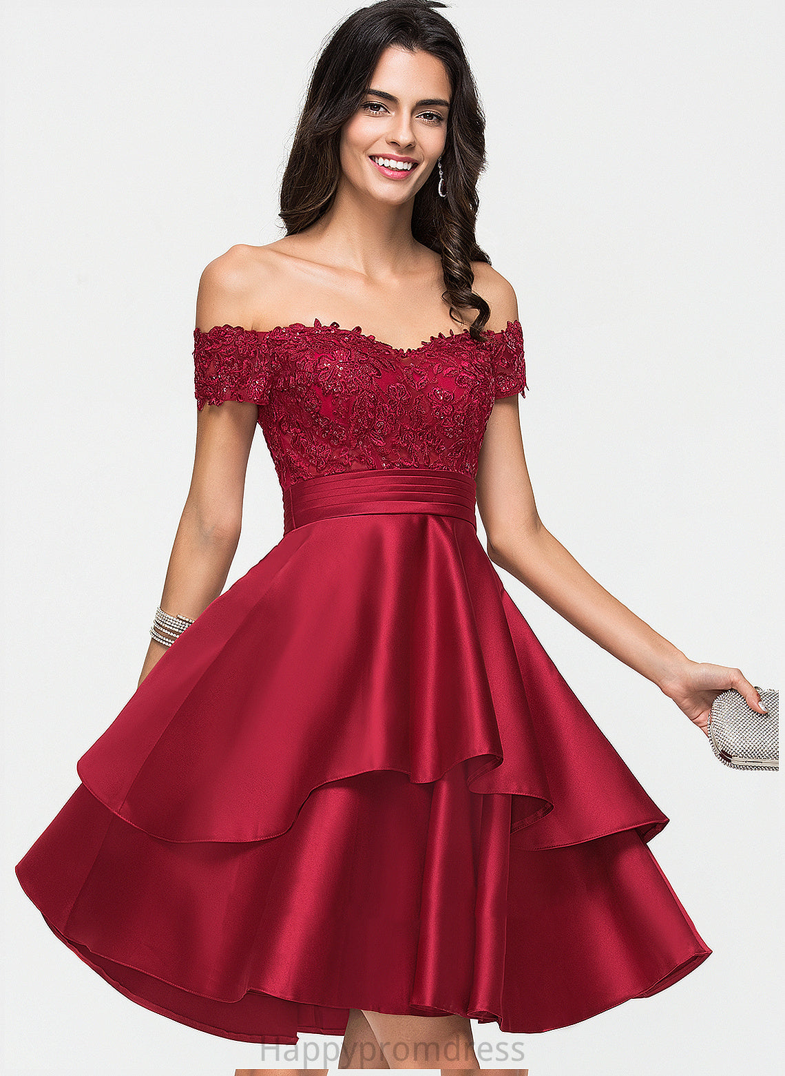 Allison Sequins Satin Knee-Length Off-the-Shoulder Lace Homecoming Dresses With Dress Homecoming A-Line