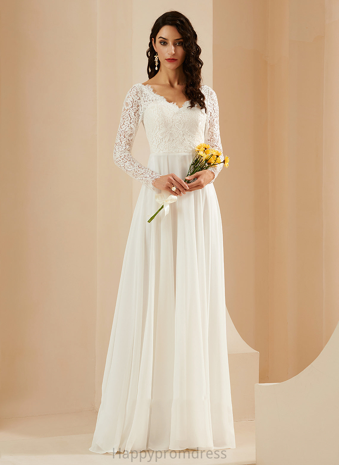 V-neck Lace Sweep Wedding Wedding Dresses A-Line With Chiffon Dress Train Jaidyn