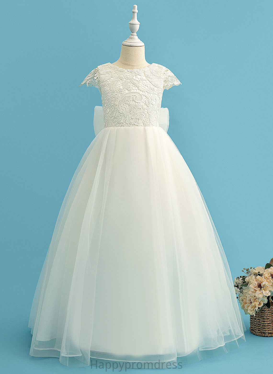 Tulle/Lace Short Ball-Gown/Princess Bow(s) Scoop Girl Flower With Anabel - Sleeves Dress Flower Girl Dresses Neck Floor-length