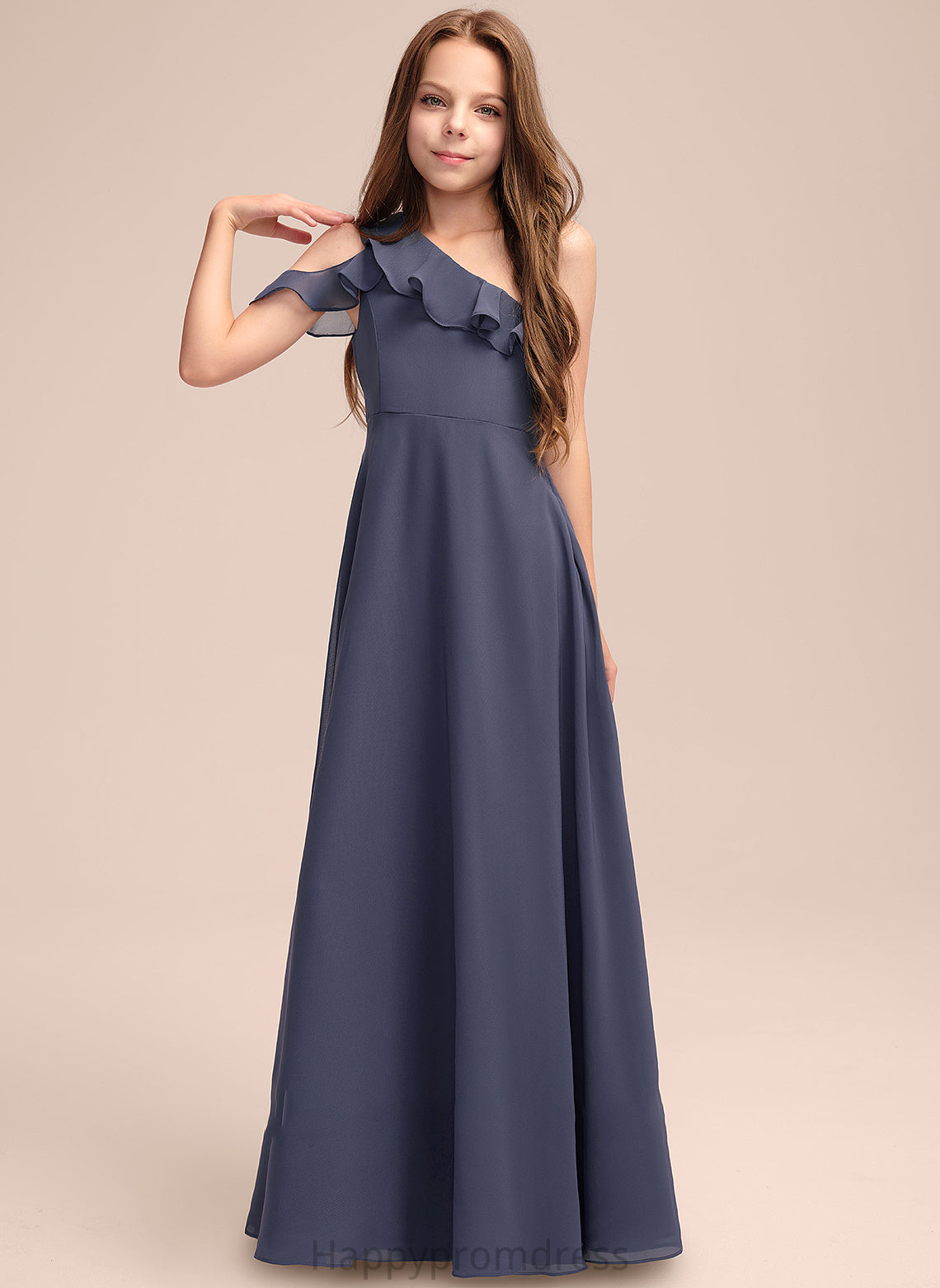 One-Shoulder A-Line Cascading Ruffles Floor-Length Chiffon Junior Bridesmaid Dresses With Viola