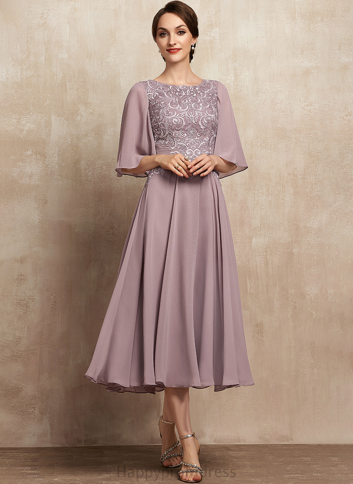 Tea-Length Mother Neck Bride Scoop the of Dress Lace Chiffon Viv A-Line Mother of the Bride Dresses