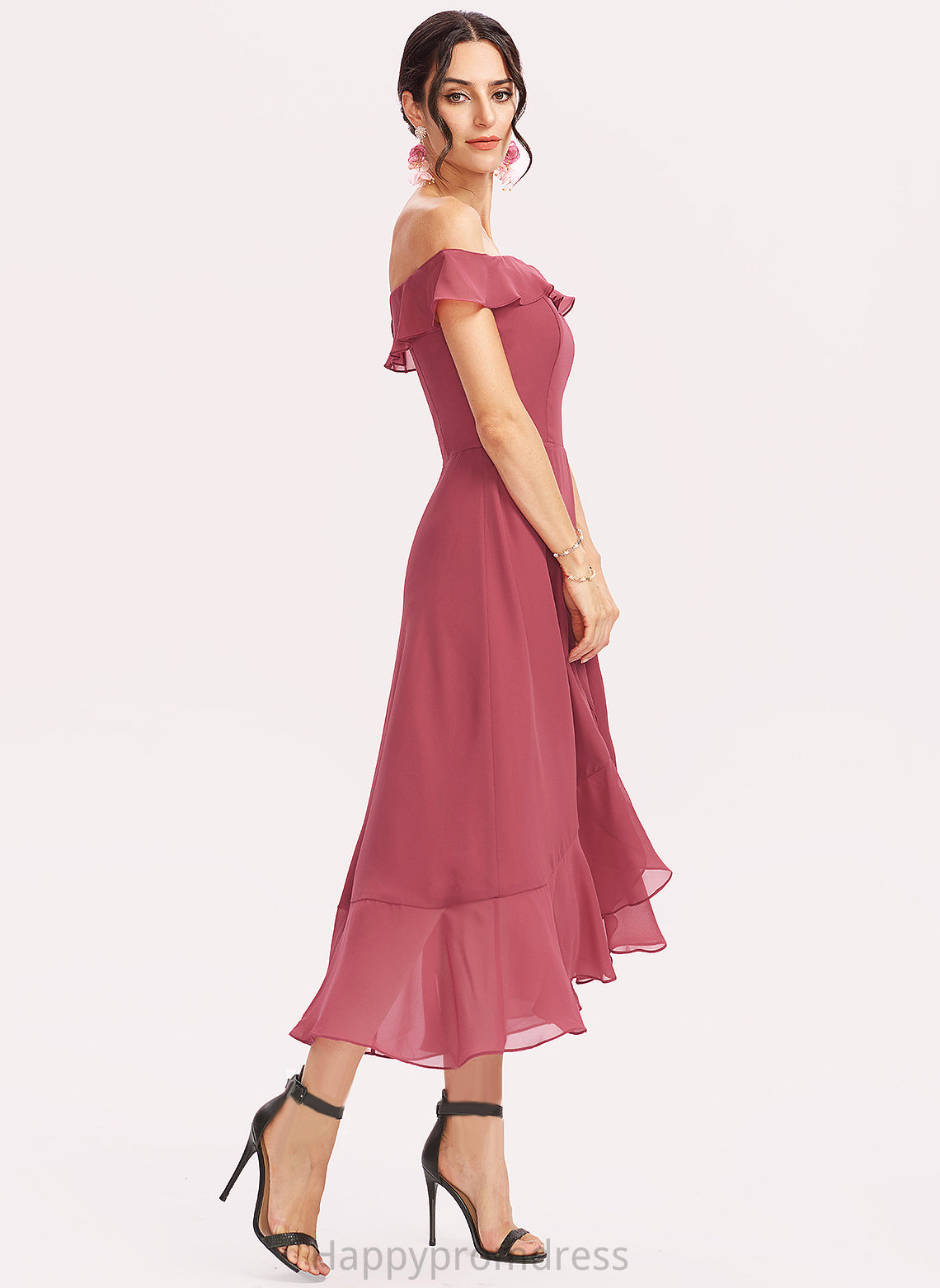 Off-the-Shoulder A-Line Tea-Length Cocktail Dresses Dress Chiffon Cascading Jane Ruffles Cocktail With