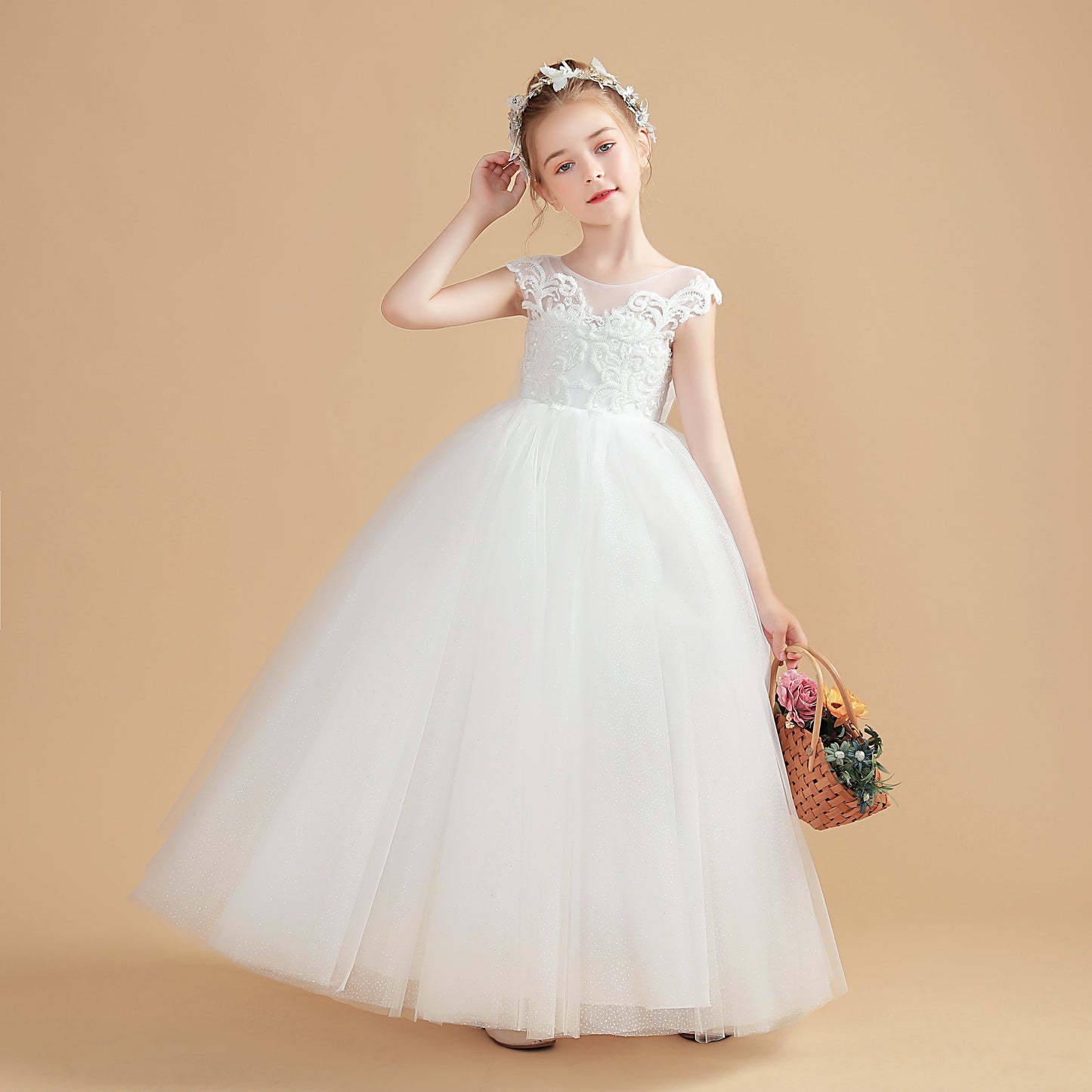 Cap Sleeves Ivory Tulle Flower Girl Dresses With Bow-Knot