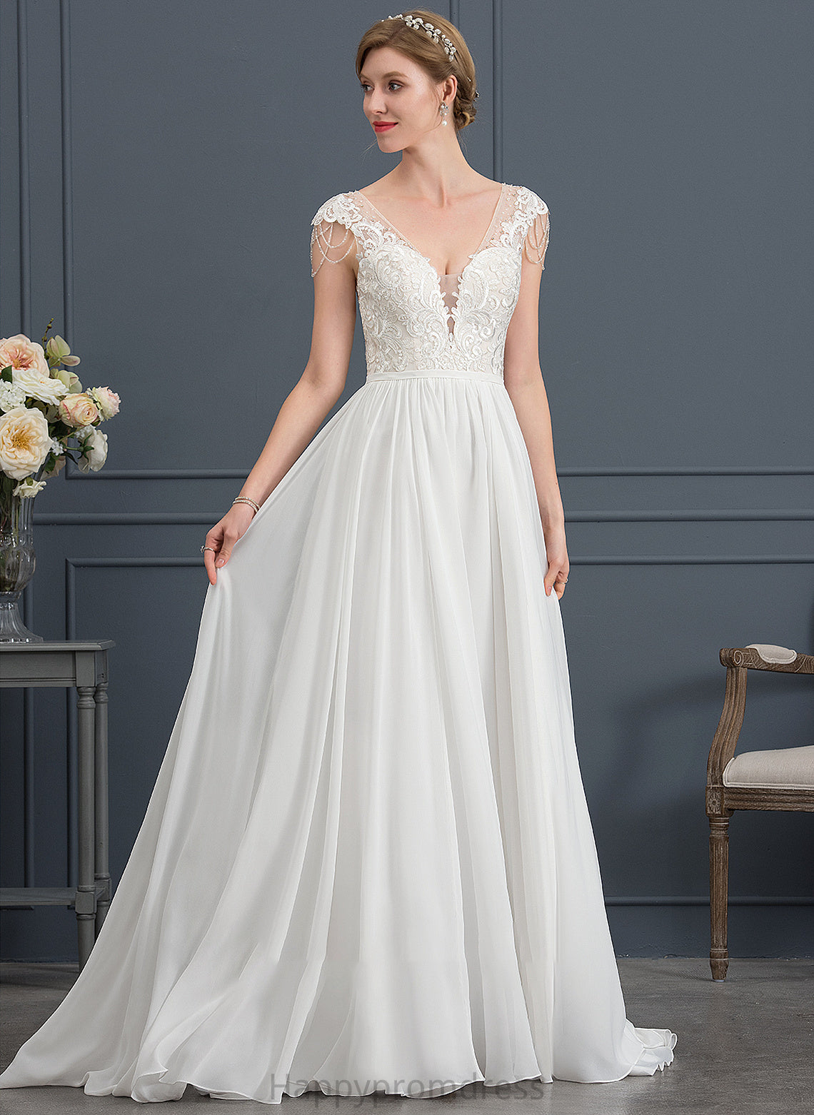 With A-Line Wedding Dresses Chiffon Muriel Sweep Beading Dress Wedding Sequins V-neck Train