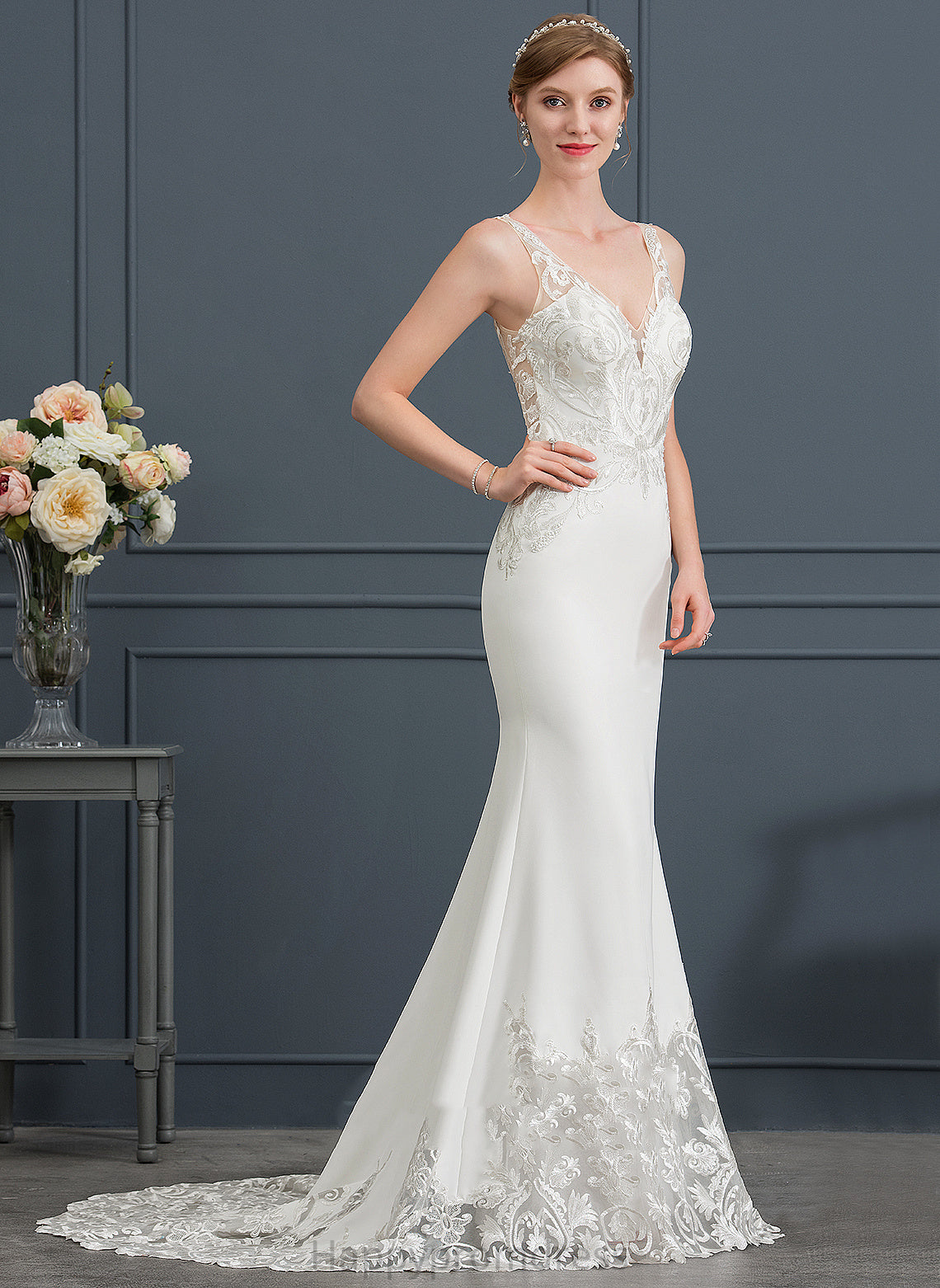 Train Trumpet/Mermaid Dress V-neck Wedding Dresses Court Stretch Wedding Lace Meadow Crepe