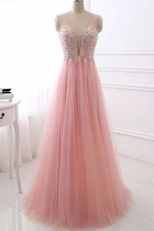 Delicate Pink V Neck With Beading Tulle See Through Back Prom Dresses