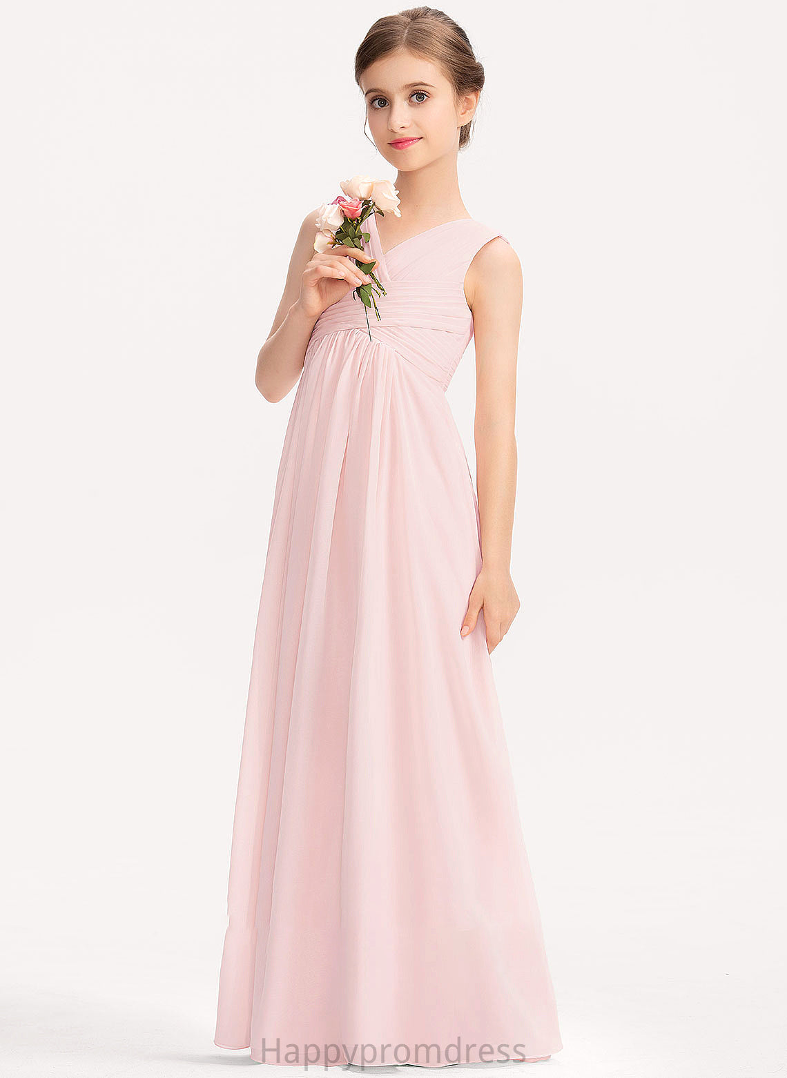 Kali Chiffon A-Line Floor-Length With Ruffle Junior Bridesmaid Dresses V-neck