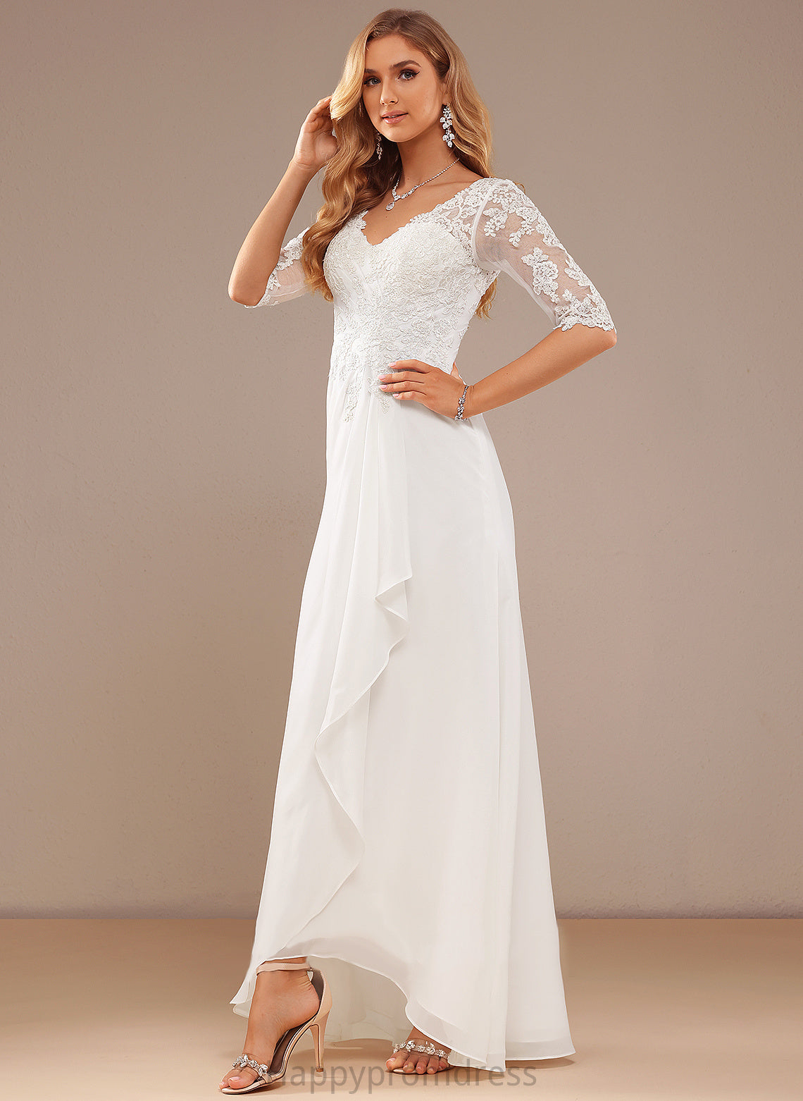 Wedding Dresses Lace V-neck Chiffon Wedding Asymmetrical Dress Ruffle A-Line Mikayla With