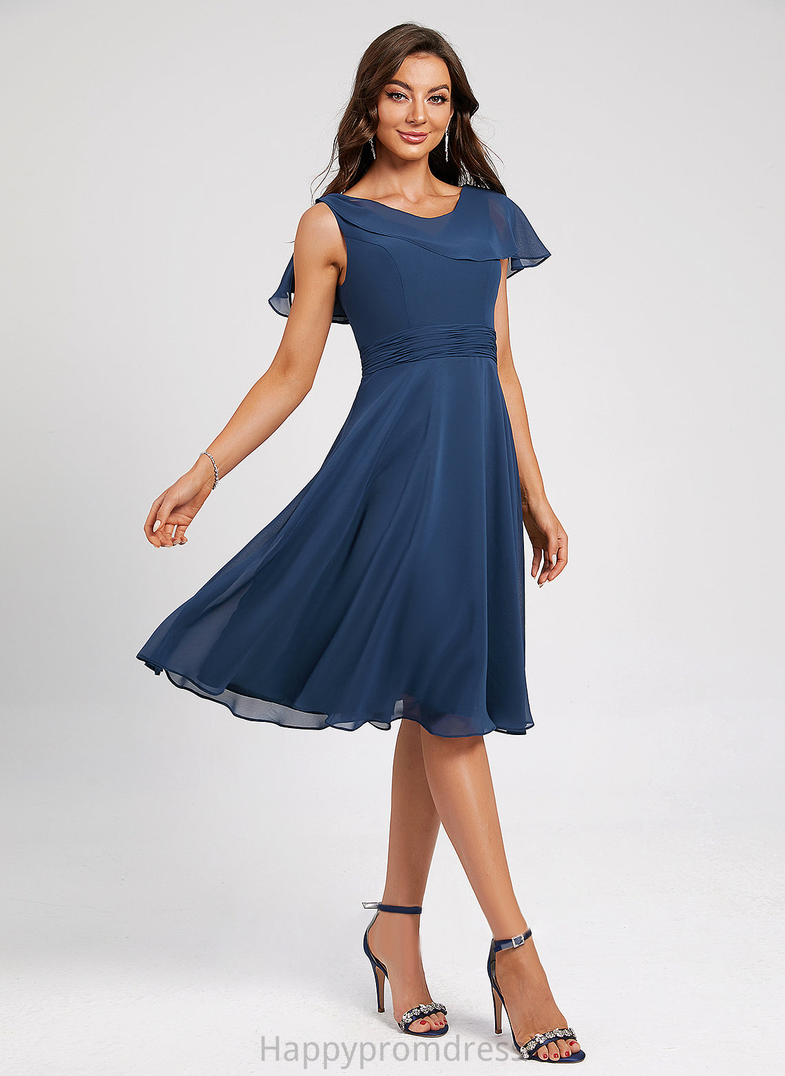 Cocktail A-Line Scoop Neck Cocktail Dresses With Pleated Ruffle Jacquelyn Chiffon Knee-Length Dress