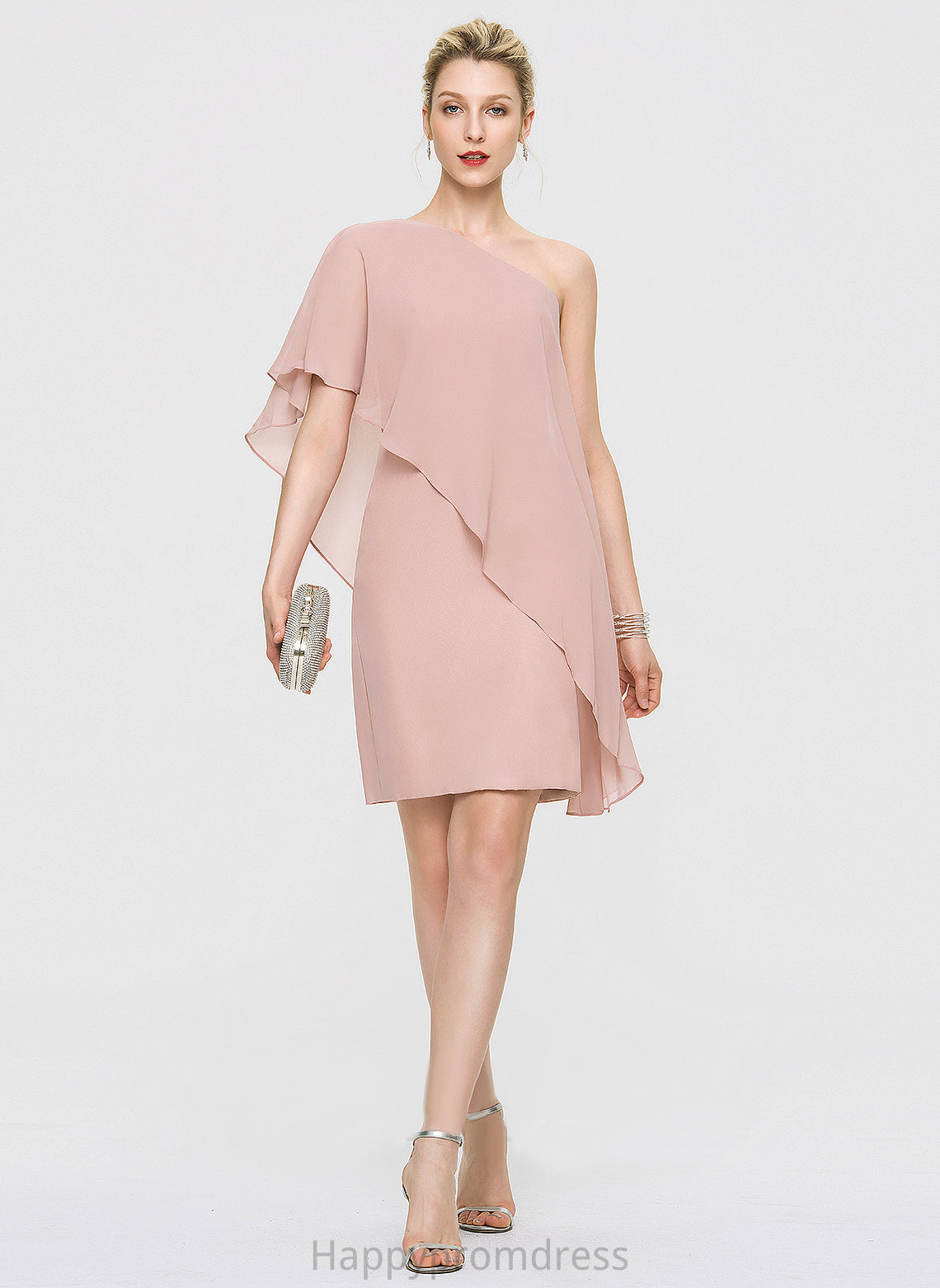 Knee-Length Cascading Sherlyn With Ruffles Sheath/Column One-Shoulder Dress Cocktail Chiffon Cocktail Dresses