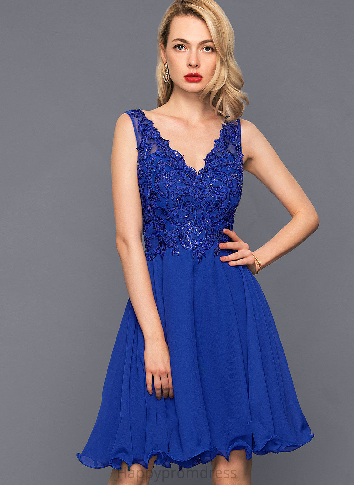 V-neck Mikaela Homecoming Knee-Length Dress Homecoming Dresses A-Line Chiffon