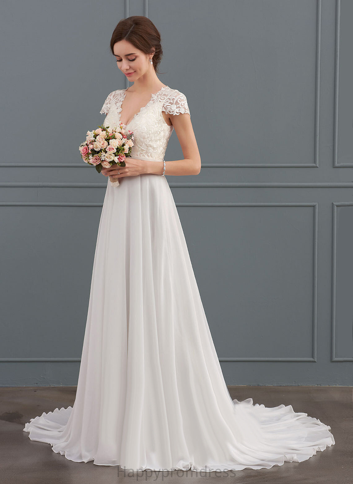 Wedding Dresses V-neck Dress Train A-Line With Wedding Sweep Lace Jill Ruffle Chiffon