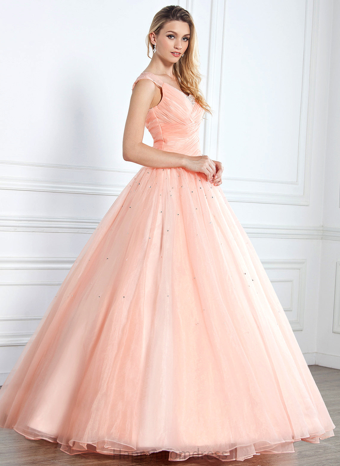 Ball-Gown/Princess V-neck With Taryn Organza Ruffle Sequins Prom Dresses Beading Floor-Length