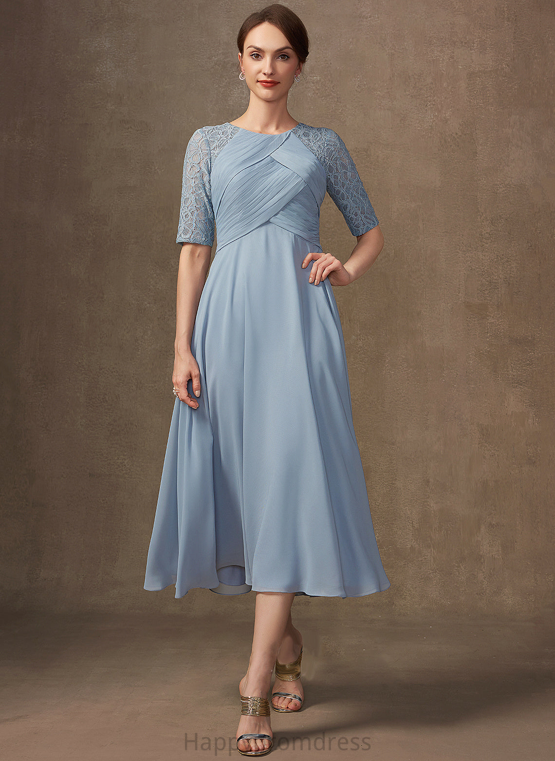 Chiffon Scoop Neck Jayden A-Line Tea-Length Dress Mother the Bride Ruffle Lace With Mother of the Bride Dresses of