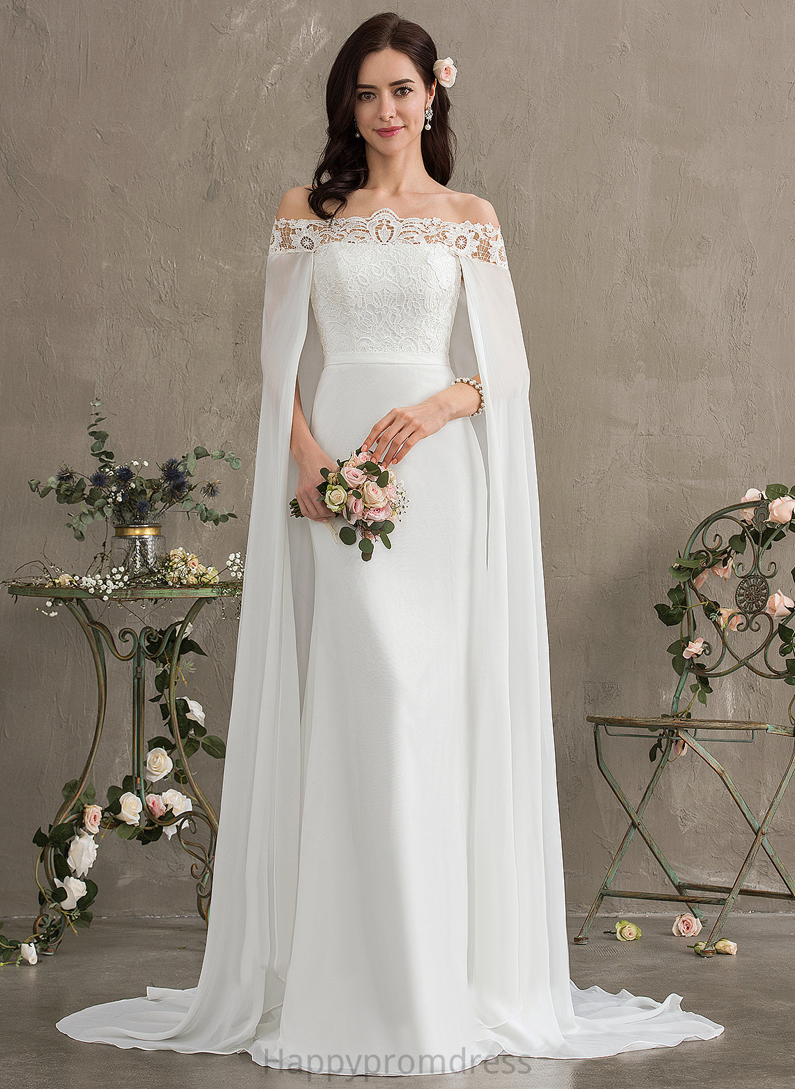 Wedding Dresses Off-the-Shoulder Sheath/Column Chiffon Lace Lace With Train Nathalia Dress Wedding Court