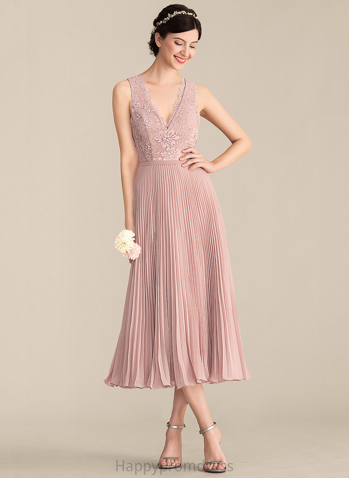 Pleated Fabric V-neck Embellishment Neckline Length Silhouette A-Line Tea-Length Phoebe Straps Natural Waist Bridesmaid Dresses