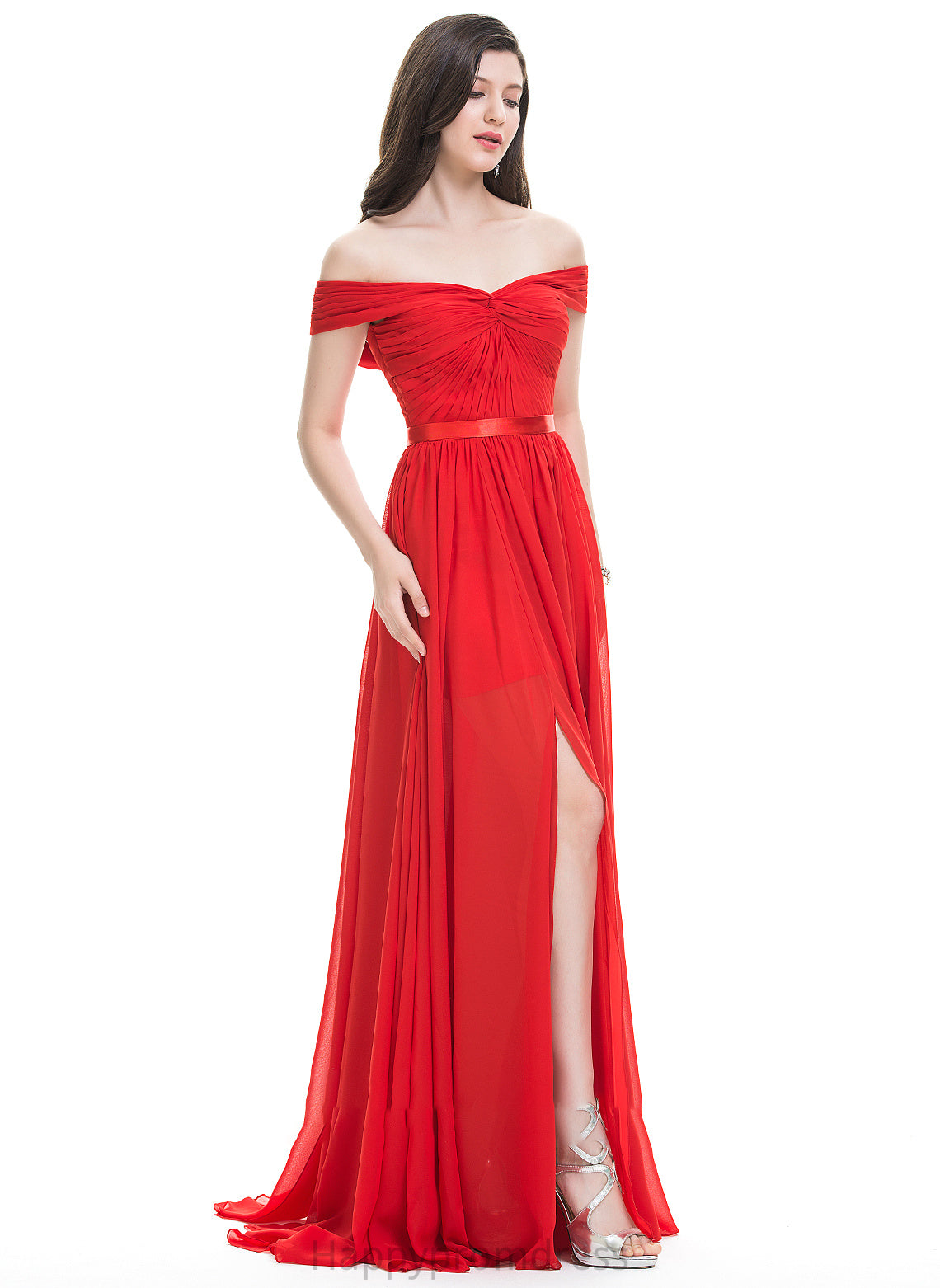 Ruffle Fabric Silhouette SplitFront SweepTrain Neckline Off-the-Shoulder A-Line Embellishment Length Marie Sleeveless Bridesmaid Dresses