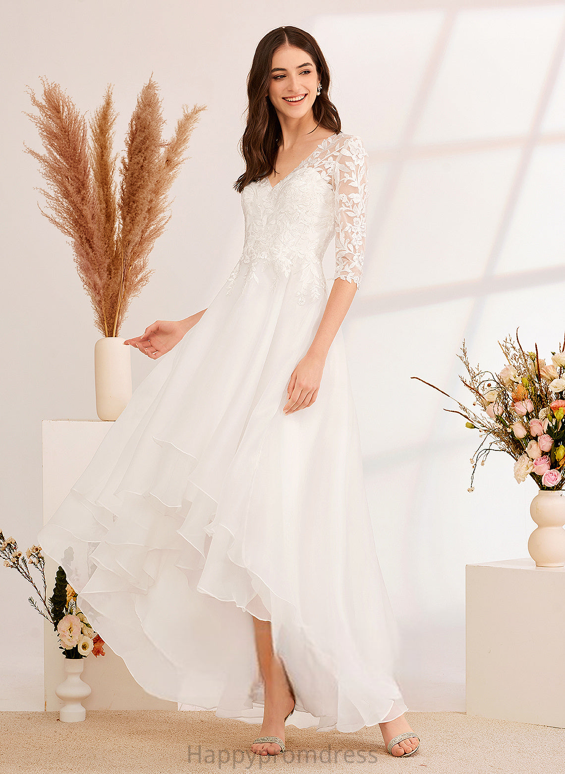 Wedding Dresses Tulle Alana With A-Line V-neck Asymmetrical Wedding Beading Sequins Lace Dress