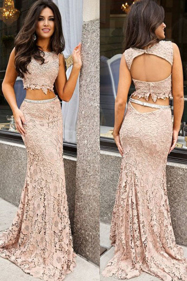 Two Piece Sheath Sweep Train Sleeveless Keyhole Back Lace Prom Dresses