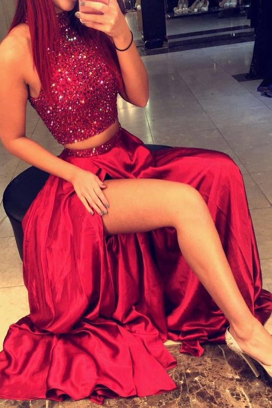 Red A Line Two Piece Floor Length Halter Side Slit Beading Long Prom Dresses