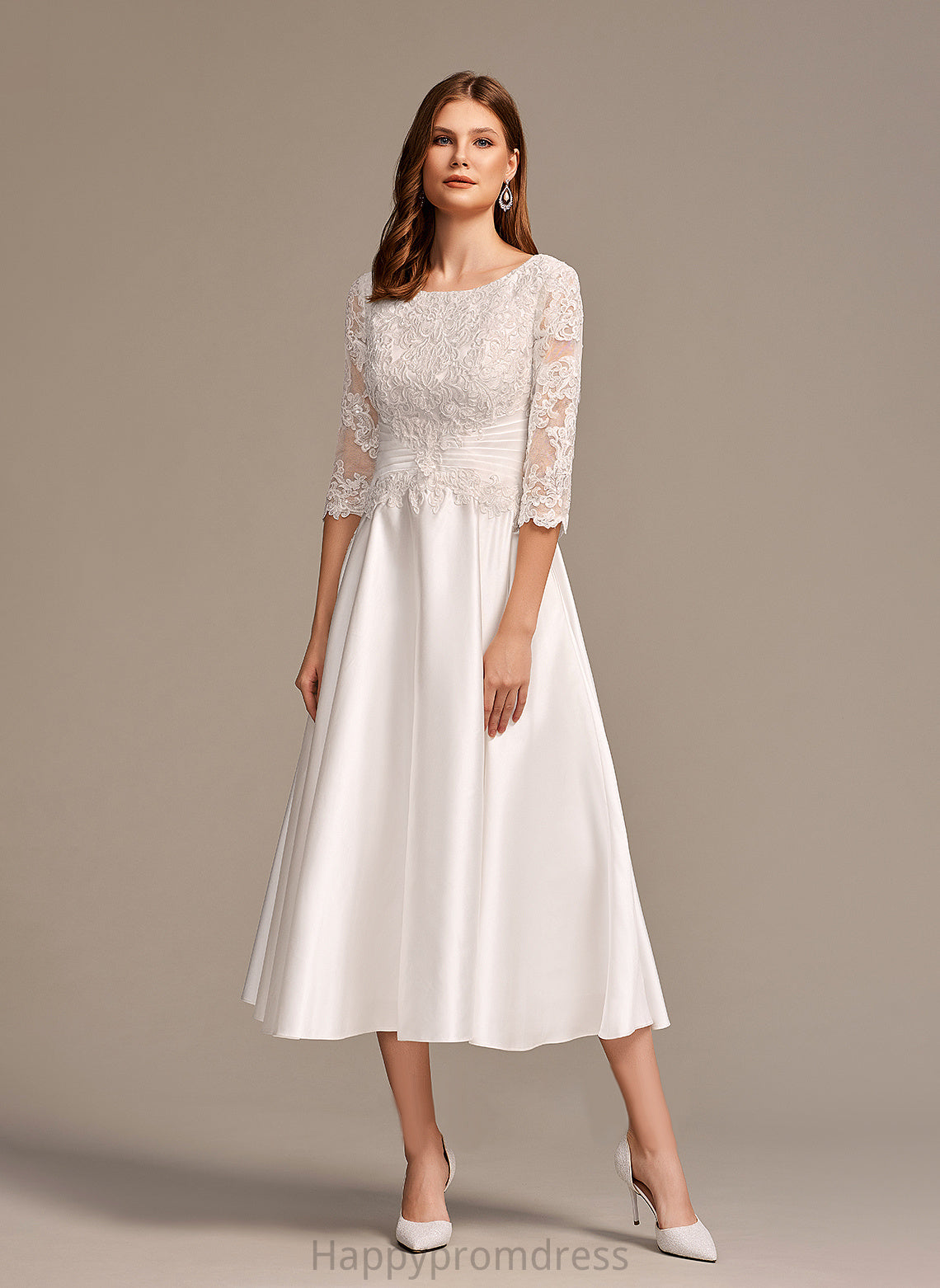 Wedding With Neck Tea-Length Lia Wedding Dresses Lace A-Line Dress Scoop Satin Pockets