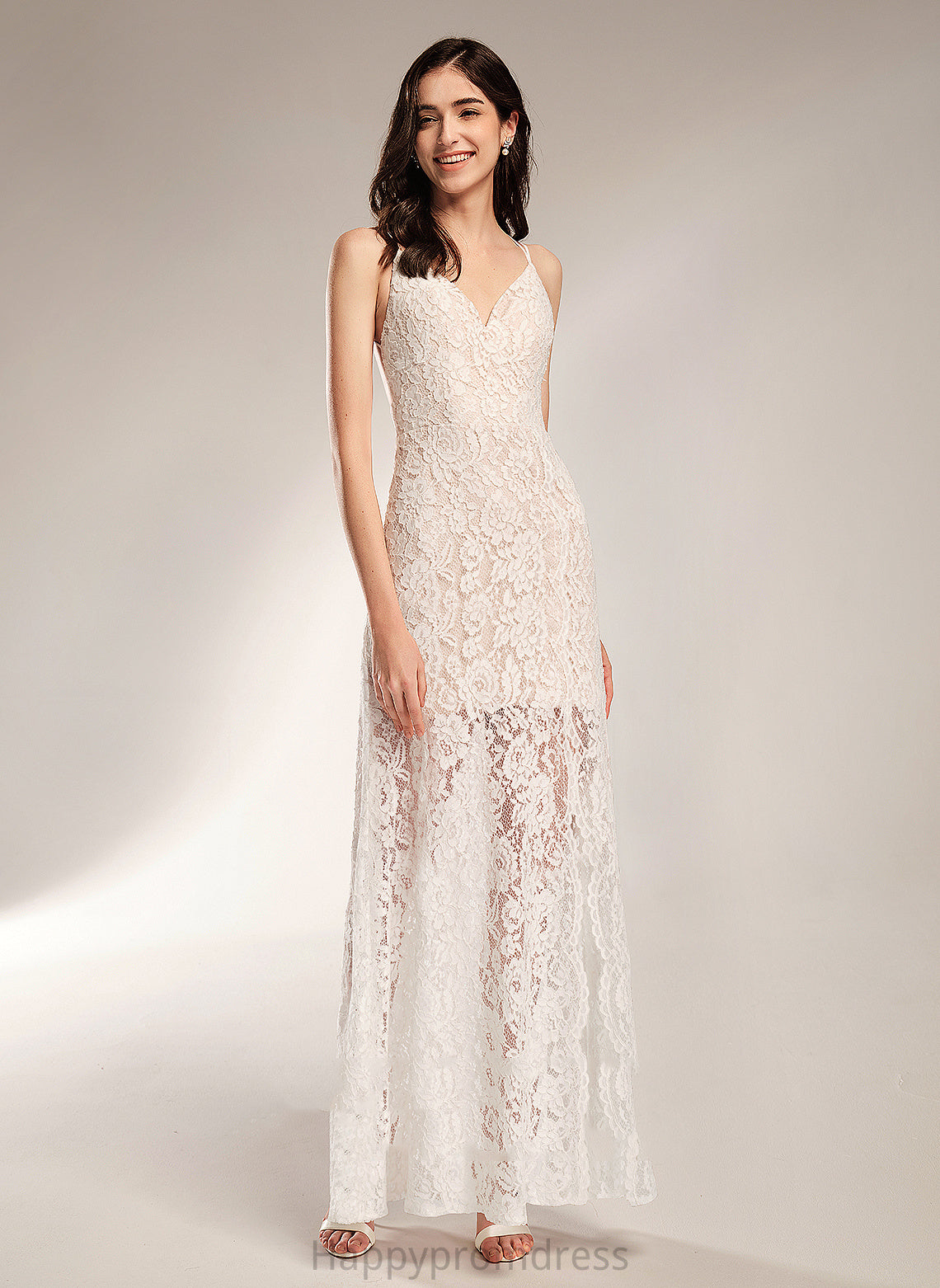 V-neck Christine Sheath/Column Lace Dress Wedding Floor-Length Front Split Wedding Dresses With