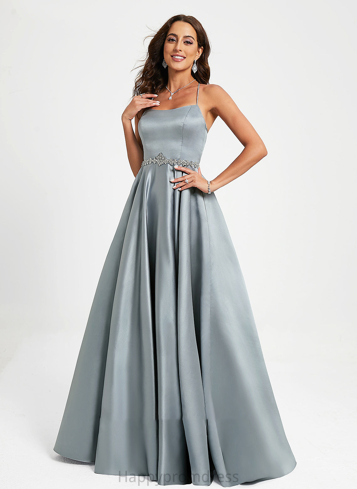 A-Line Neck Beading With Pru Scoop Prom Dresses Satin Floor-Length