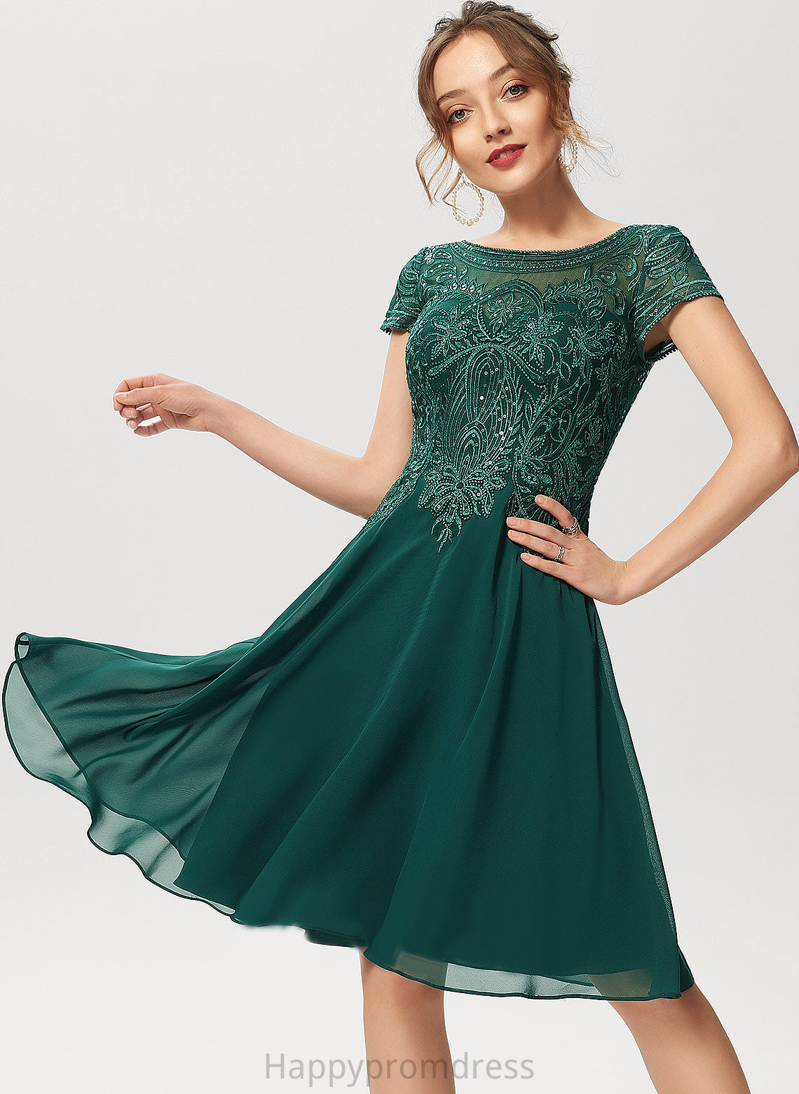 A-Line Cocktail Dresses Knee-Length Neck Scoop Sequins Dress With Cocktail Adelaide Chiffon Lace