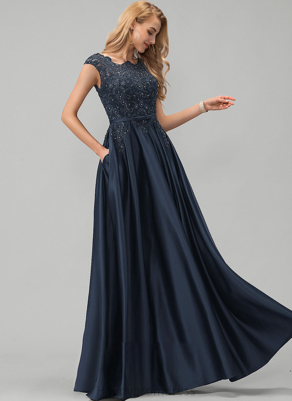 Prom Dresses Lace Journey With Bow(s) Pockets Sequins Beading Ball-Gown/Princess Neck Satin Scoop Floor-Length