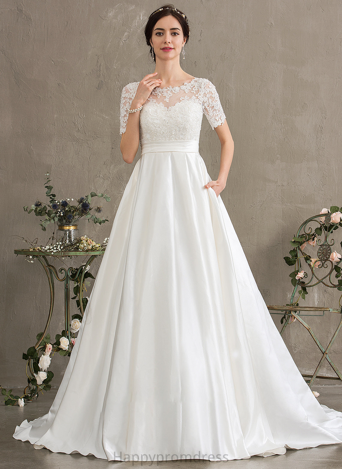 With Satin Scoop Wedding Dresses Train Court Wedding Sequins Miranda Pockets Ball-Gown/Princess Neck Dress Beading