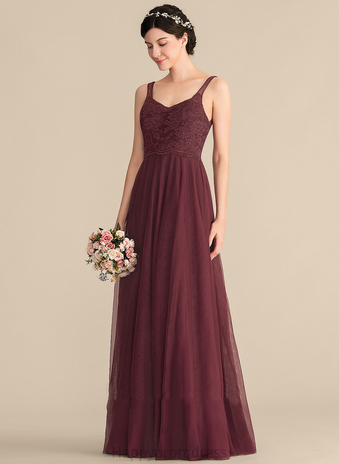 Floor-Length Lace A-Line Neckline Length Silhouette Tulle V-neck Fabric Straps Krystal Natural Waist Bridesmaid Dresses