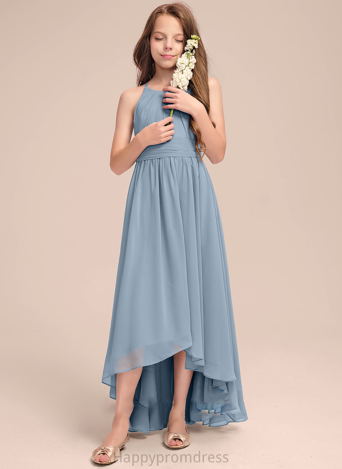 Kiersten With Scoop Junior Bridesmaid Dresses A-Line Chiffon Asymmetrical Ruffle Neck Bow(s)