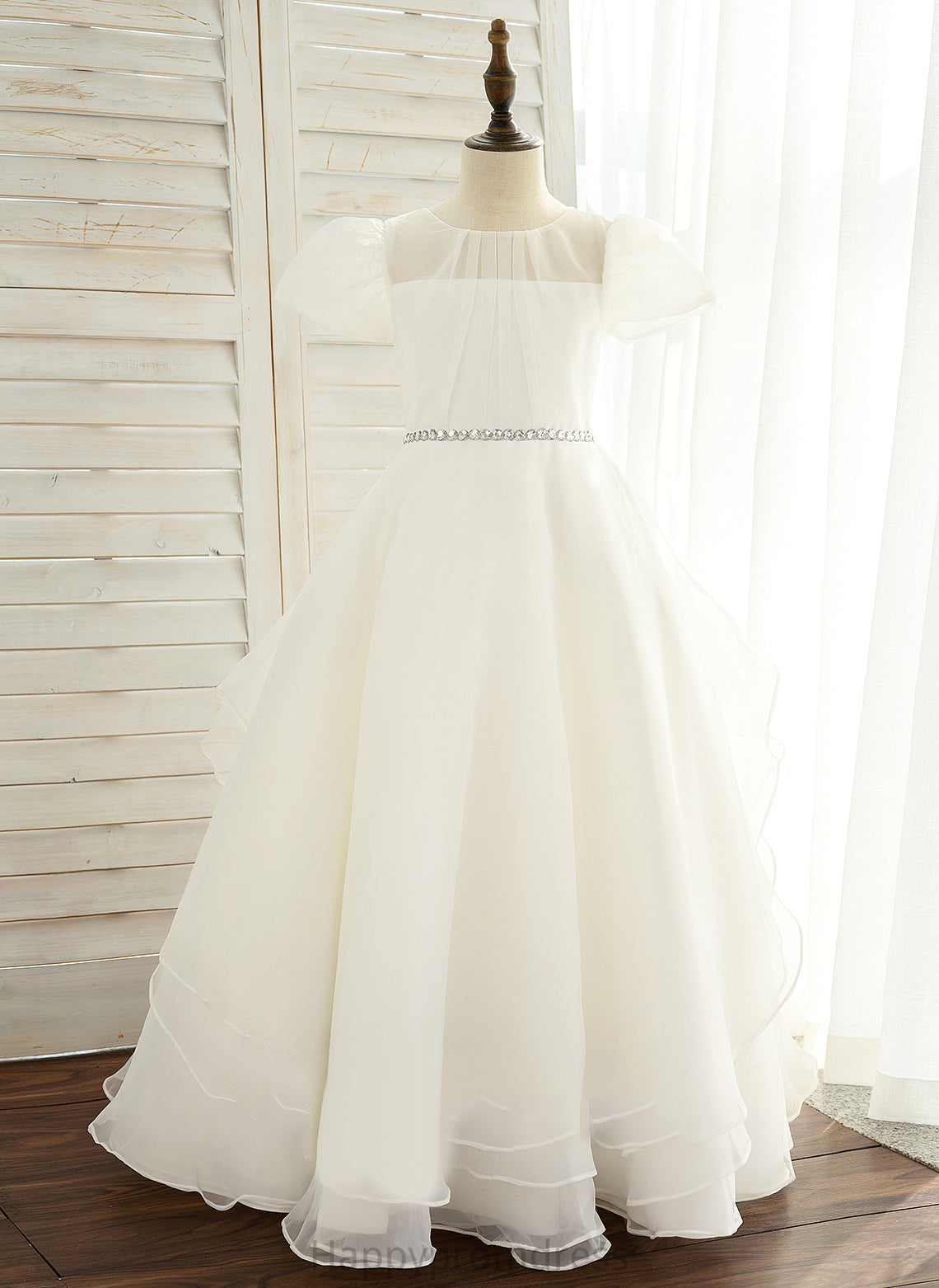 Yamilet Ball-Gown/Princess Sleeves Flower Girl Dresses Flower Scoop Dress Neck With Floor-length Short - Girl Rhinestone Organza/Satin