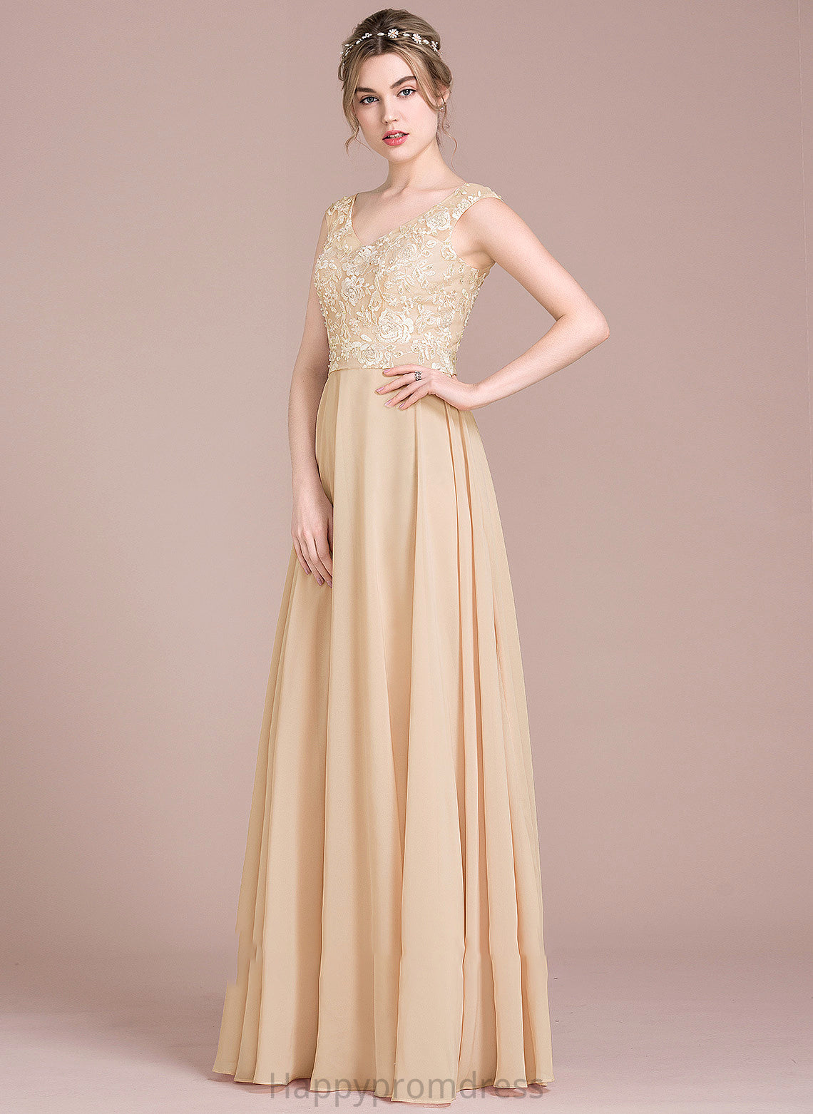 Prom Dresses Kaliyah Chiffon Floor-Length Lace A-Line V-neck