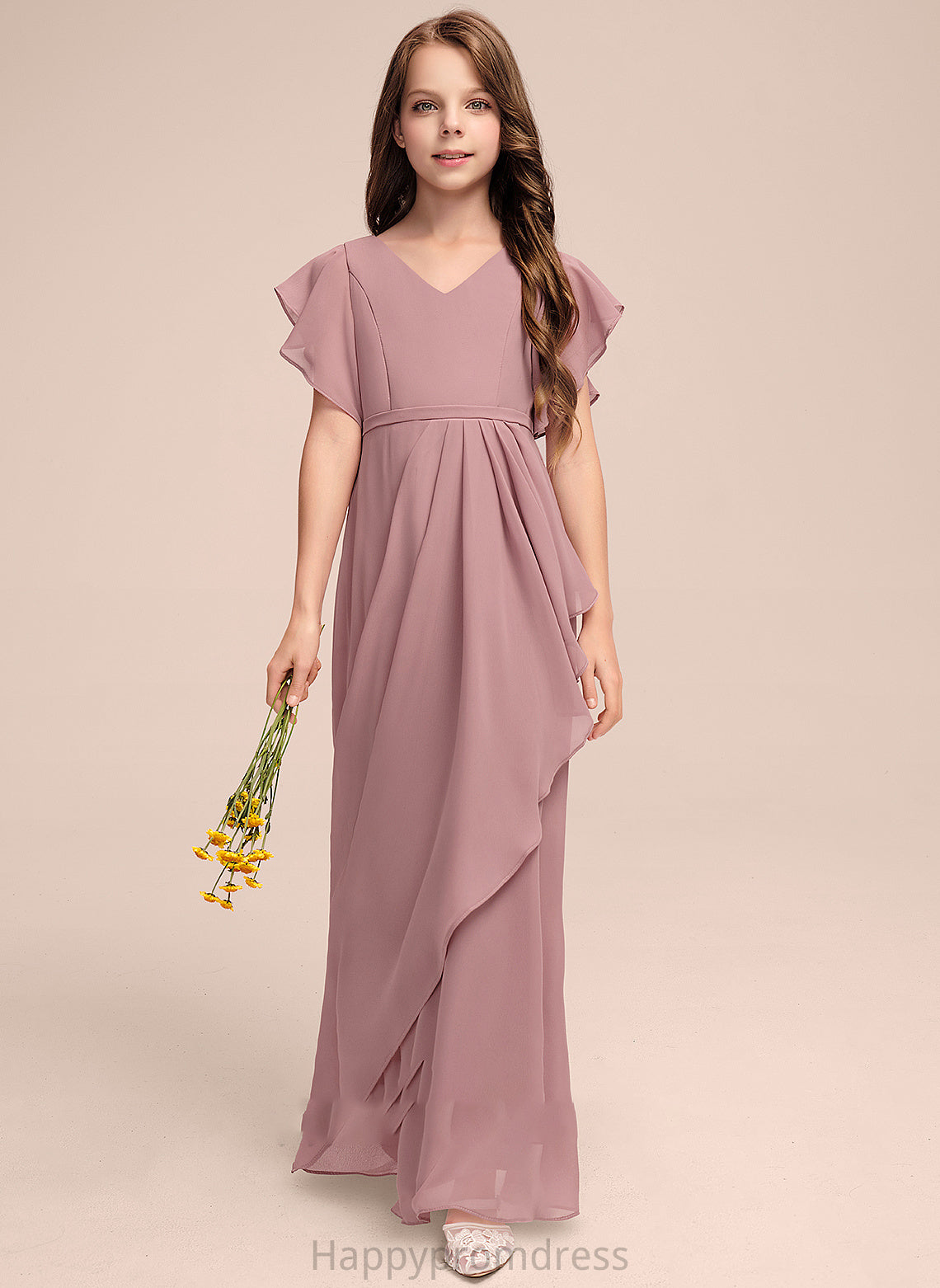 V-neck Liz With Junior Bridesmaid Dresses Chiffon Cascading Floor-Length Ruffles A-Line