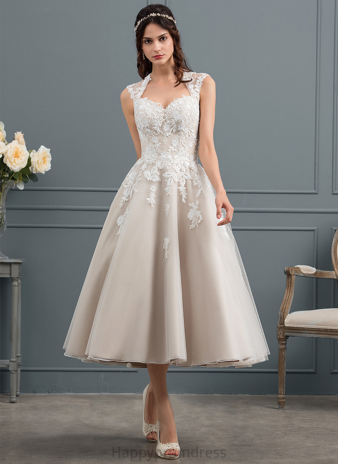 Wedding Rachel Tulle Wedding Dresses With Lace Sweetheart Tea-Length Sequins Dress Ball-Gown/Princess