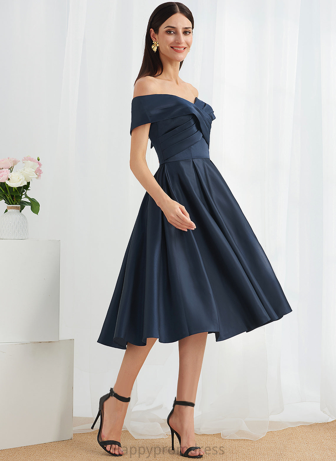 Dress Cocktail Dresses A-Line Hilda Pockets With Off-the-Shoulder Knee-Length Satin Cocktail