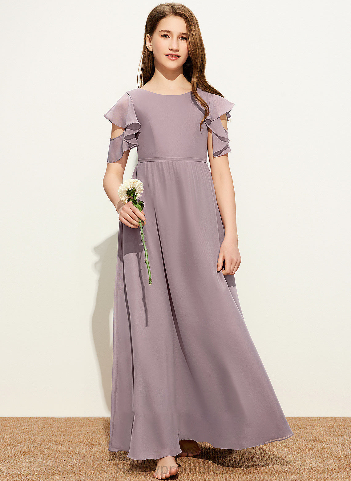 Neck Scoop Ruffles Cascading Floor-Length With Chiffon Junior Bridesmaid Dresses Corinne A-Line