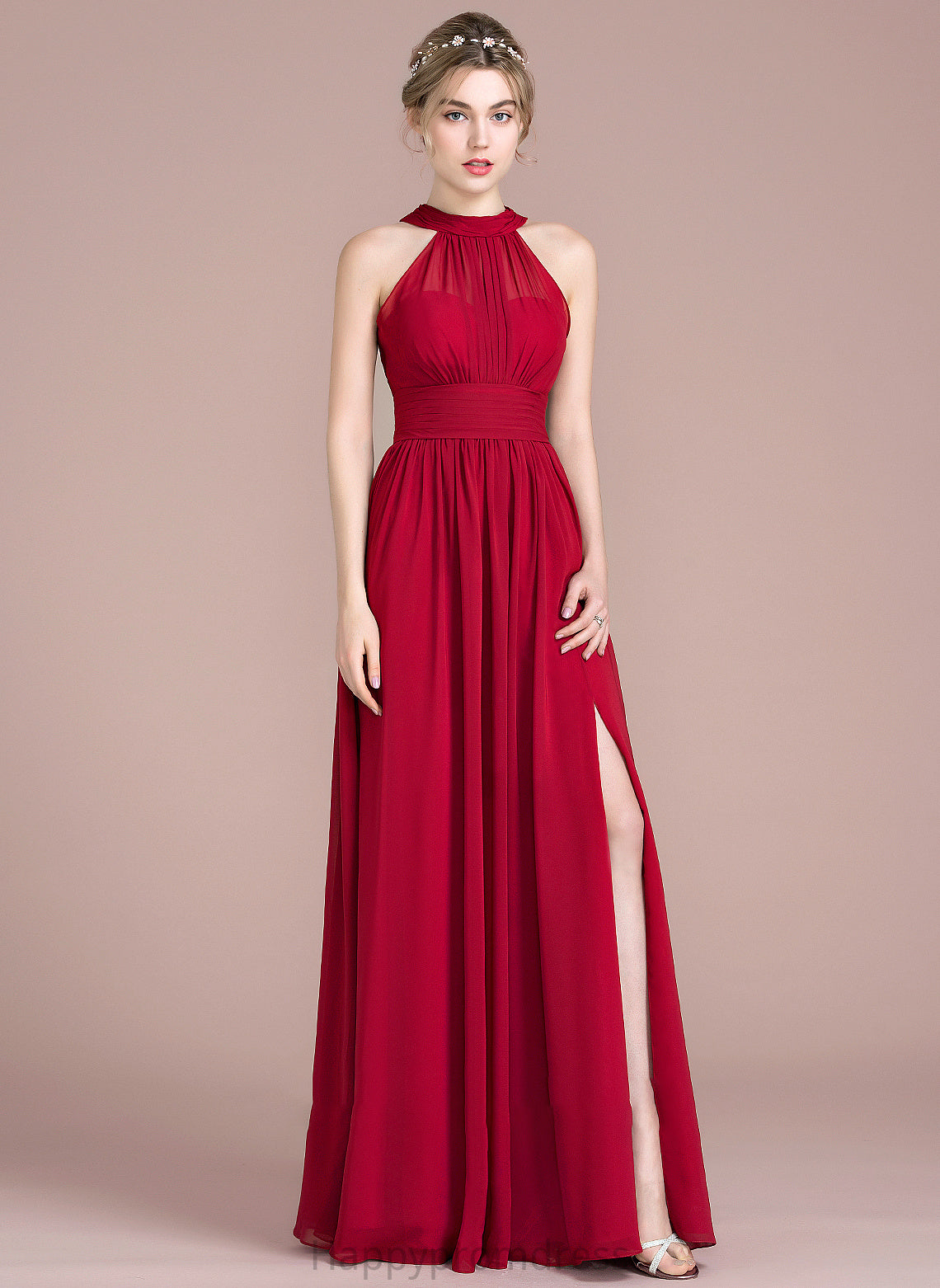 A-Line Bow(s) Split Prom Dresses Floor-Length Ruffle With Front Chiffon Scoop Neck Thirza