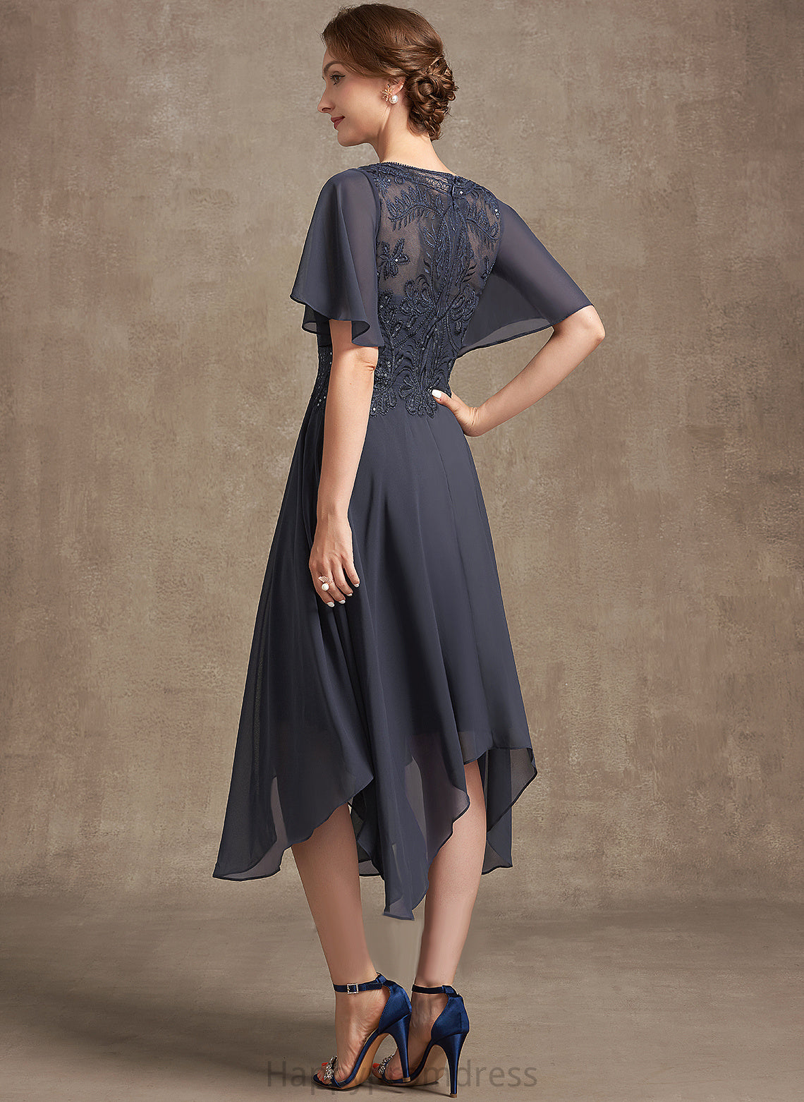 Scoop Chiffon of Bride A-Line Mother of the Bride Dresses Lace Tea-Length Dress Mother Marcia With Sequins the Neck